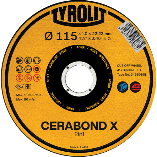 CA60Q-BFPX CERABOND X Cut-Off Wheel, 4-1/2" x 0.039", 7/8" Arbor, Type 1 Trail Hammer and Bolt