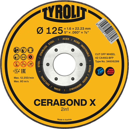 CERABOND X Cut-Off Wheel for Steel & Stainless Steel, 5" x 0.45", 7/8" Arbor, Type 1, Ceramic, 12250 RPM Trail Hammer and Bolt