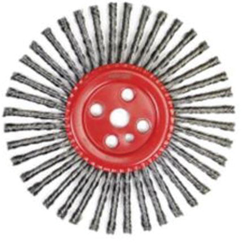 Stringer Bead Knot Wire Brush, 12" Dia., 0.035" Fill, 1" Arbor, Steel Trail Hammer and Bolt