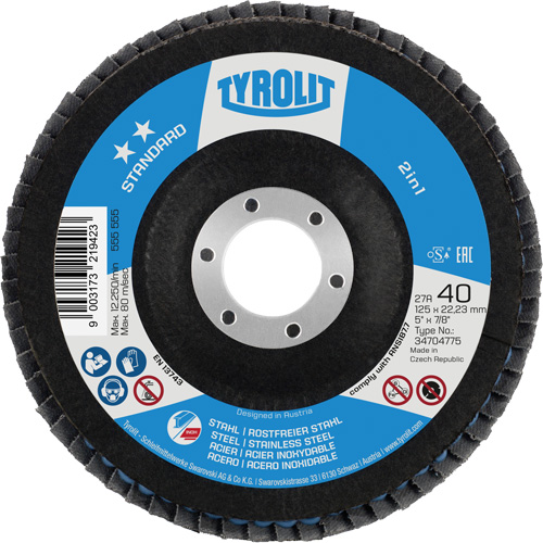 Disque &agrave; lamelles 2-en-1 standard ZA 40 - B425, 5" x 7/8", Type 27A, Grain 40, Alumine de zirconium Trail Hammer and Bolt
