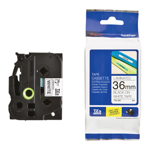 Tape Cartridge for P-touch&reg; Labeling System, 36 mm x 26-1/4', Black on White Trail Hammer and Bolt