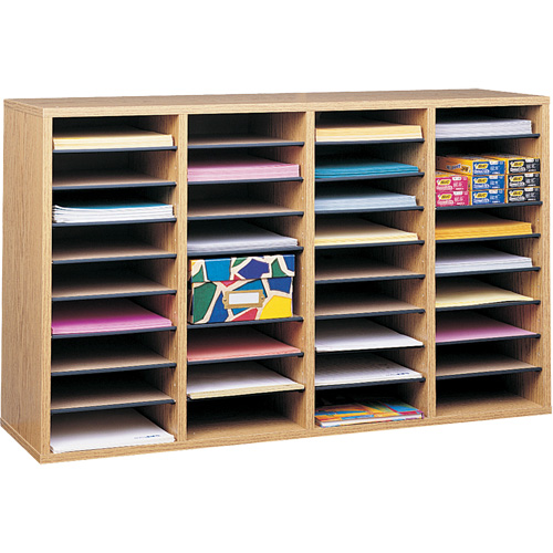 Adjustable Compartment Literature Organizer, Stationary, 36 Slots, Wood, 39-1/4" W x 11-3/4" D x 24" H Trail Hammer and Bolt