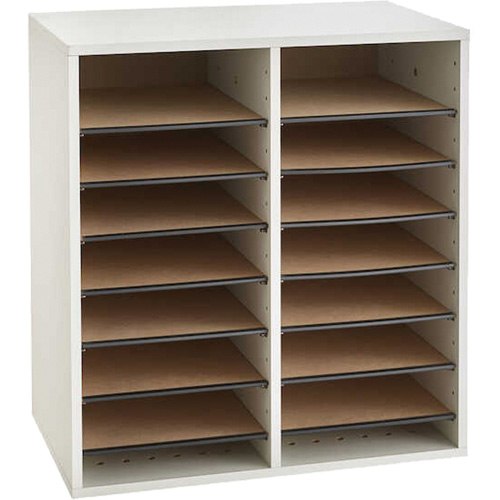 Adjustable Compartment Literature Organizer, Stationary, 16 Slots, Wood, 19-1/2" W x 11-3/4" D x 21" H Trail Hammer and Bolt