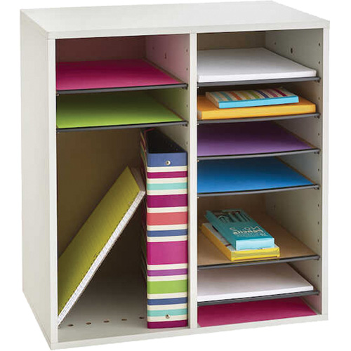 Adjustable Compartment Literature Organizer, Stationary, 16 Slots, Wood, 19-1/2" W x 11-3/4" D x 21" H Trail Hammer and Bolt