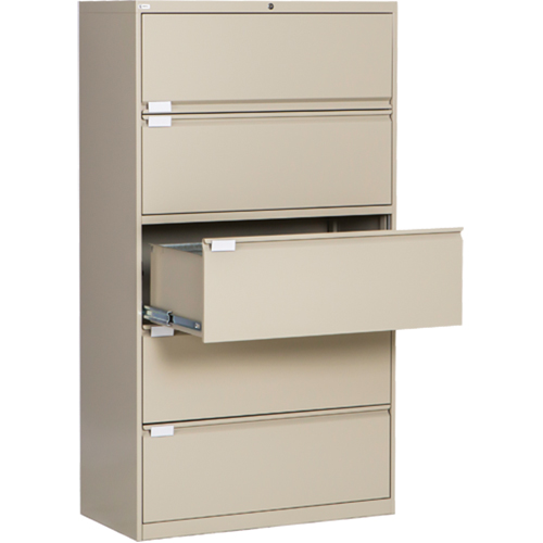 Lateral Filing Cabinet, Steel, 5 Drawers, 36" W x 18" D x 65-1/2" H, Beige Trail Hammer and Bolt