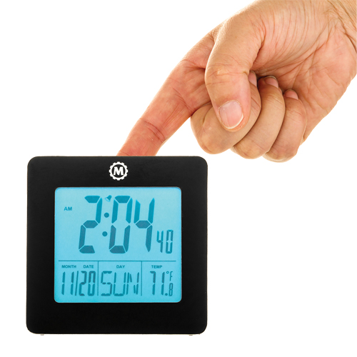 Desktop Clock, Digital, Battery Operated, 3.6" W x 1.5" D x 3.6" H, Black Trail Hammer and Bolt