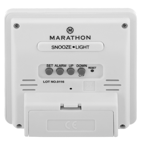 Desktop Clock, Digital, Battery Operated, 3.6" W x 1.5" D x 3.6" H, White Trail Hammer and Bolt
