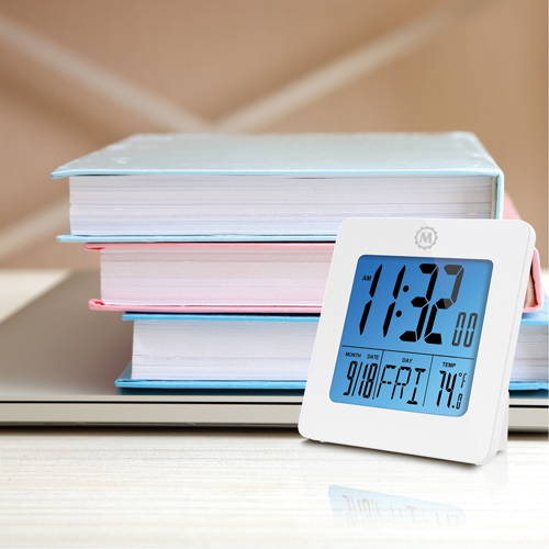 Desktop Clock, Digital, Battery Operated, 3.6" W x 1.5" D x 3.6" H, White Trail Hammer and Bolt