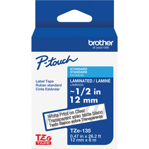 Ruban lamin&eacute; pour P-Touch, 12 mm x 8 m, Blanc sur transparent Trail Hammer and Bolt