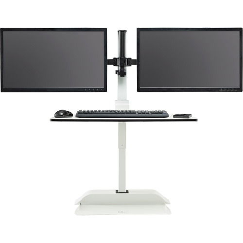 Soar Sit/Stand Electric Desk with Dual Monitor Arm, Desktop Unit, 37-1/4" H x 27-3/4" W x 22" D, White Trail Hammer and Bolt