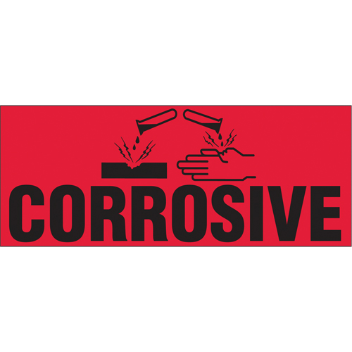 "Corrosive" Special Handling Labels, 5" L x 2" W, Black on Red Trail Hammer and Bolt