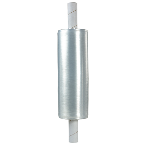 Extended Core Hand Stretch Wrap, 80 Gauge (20.3 micrometers), 20" x 1000', Clear Trail Hammer and Bolt