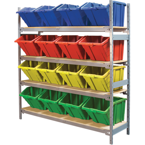 Wide Span Shelving with Jumbo Plastic Bins, Steel, Boltless, 800 lbs. Capacity, 66" W x 72" H x 18" D Trail Hammer and Bolt