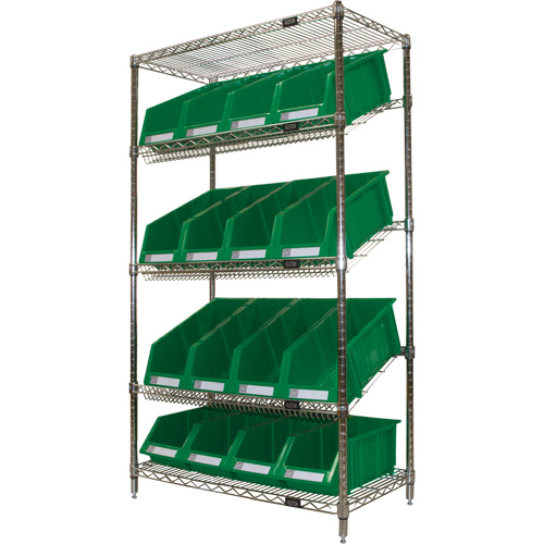&eacute;tag&egrave;re en treillis m&eacute;tallique &agrave; tablettes inclin&eacute;es avec bacs, Tiers 5, 36" la x 63" h x 18" p Trail Hammer and Bolt