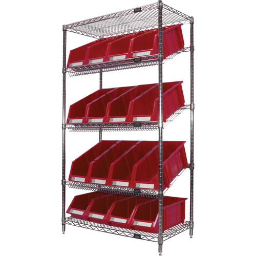&eacute;tag&egrave;re en treillis m&eacute;tallique &agrave; tablettes inclin&eacute;es avec bacs, Tiers 5, 36" la x 63" h x 18" p Trail Hammer and Bolt