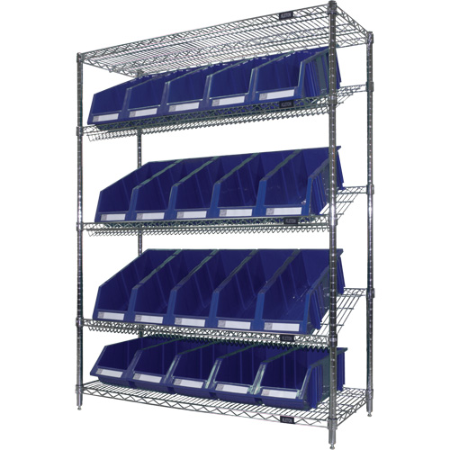 &eacute;tag&egrave;re en treillis m&eacute;tallique &agrave; tablettes inclin&eacute;es avec bacs, Tiers 5, 48" la x 63" h x 18" p Trail Hammer and Bolt