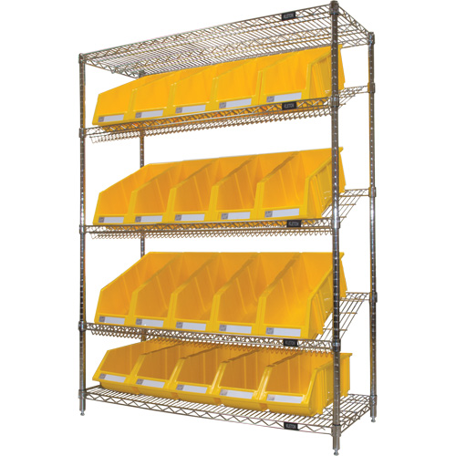 &eacute;tag&egrave;re en treillis m&eacute;tallique &agrave; tablettes inclin&eacute;es avec bacs, Tiers 5, 48" la x 63" h x 18" p Trail Hammer and Bolt