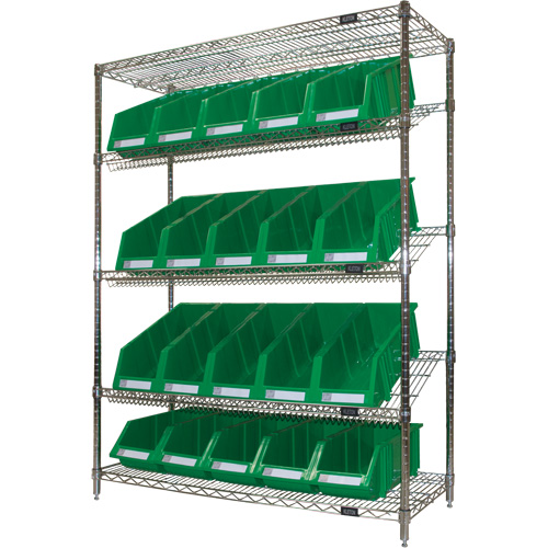 &eacute;tag&egrave;re en treillis m&eacute;tallique &agrave; tablettes inclin&eacute;es avec bacs, Tiers 5, 48" la x 63" h x 18" p Trail Hammer and Bolt