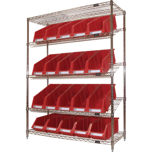 &eacute;tag&egrave;re en treillis m&eacute;tallique &agrave; tablettes inclin&eacute;es avec bacs, Tiers 5, 48" la x 63" h x 18" p Trail Hammer and Bolt