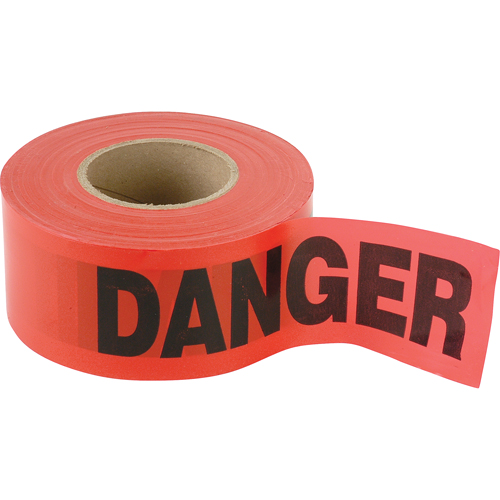 Standard Smaller Barricade Tape, English, 3" W x 300' L, 2 mils, Black on Red Trail Hammer and Bolt
