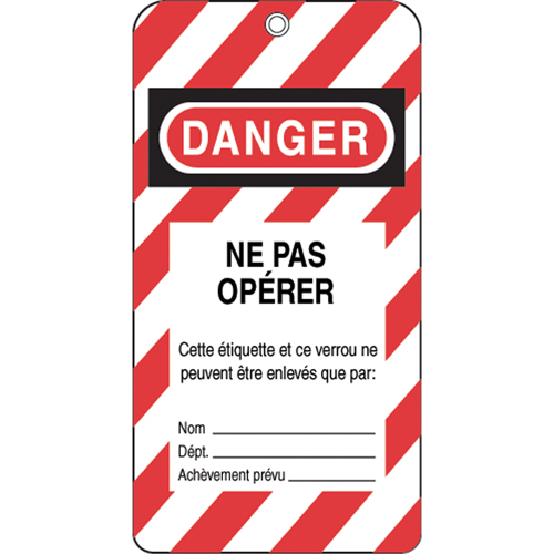 Lockout Tags, Plastic, 3" W x 5-3/4" H, French Trail Hammer and Bolt