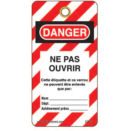 Lockout Tags, Plastic, 3" W x 5-3/4" H, French Trail Hammer and Bolt