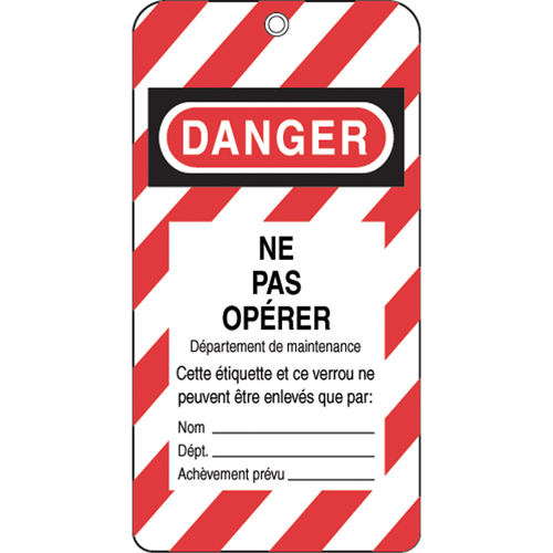 &eacute;tiquettes de verrouillage, Plastique, 3" la x 5-3/4" h, Français Trail Hammer and Bolt