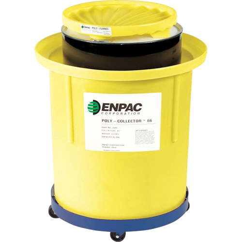 Poly-Collector 66 with Poly Drum, 32.5" dia. x 42.5" H, 70 US gal. Spill Cap. Trail Hammer and Bolt