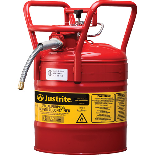 D.O.T. AccuFlow Safety Cans, Type II, Steel, 5 US gal., Red, FM Approved Trail Hammer and Bolt