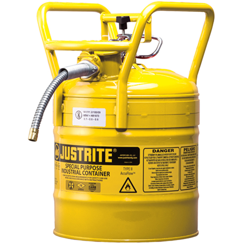 D.O.T. AccuFlow Safety Cans, Type II, Steel, 5 US gal., Yellow, FM Approved Trail Hammer and Bolt
