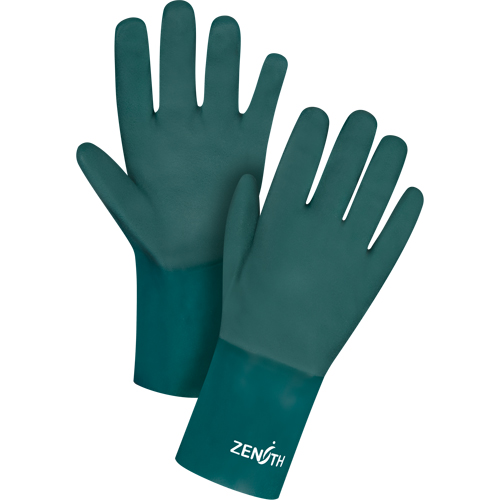 Double Dipped Green Gloves, 12" L, PVC, Cotton Jersey Inner Lining, 70-mil Trail Hammer and Bolt