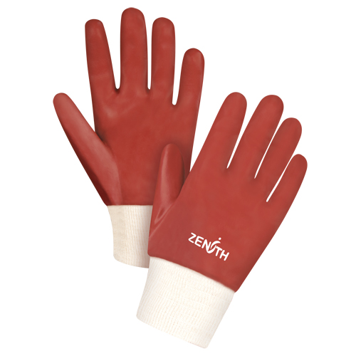 Red Smooth-Finish Chemical-Resistant Gloves, Size Large/9, 10" L, PVC, Interlock Inner Lining, 47-mil Trail Hammer and Bolt