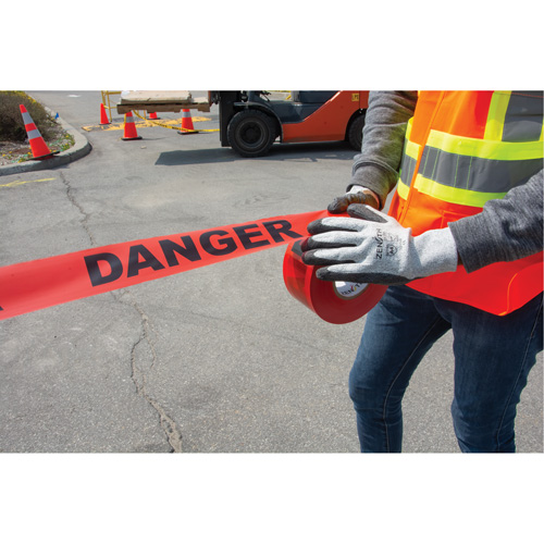 "Danger" Barricade Tape, Bilingual, 3" W x 1000' L, 1.5 mils, Black on Red Trail Hammer and Bolt
