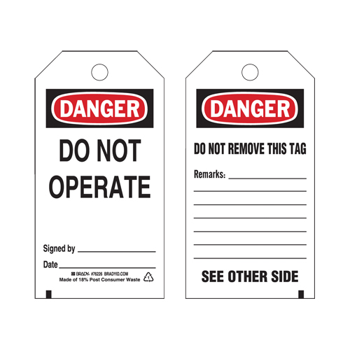 Lockout Tags, Plastic, 3" W x 5-3/4" H, English Trail Hammer and Bolt