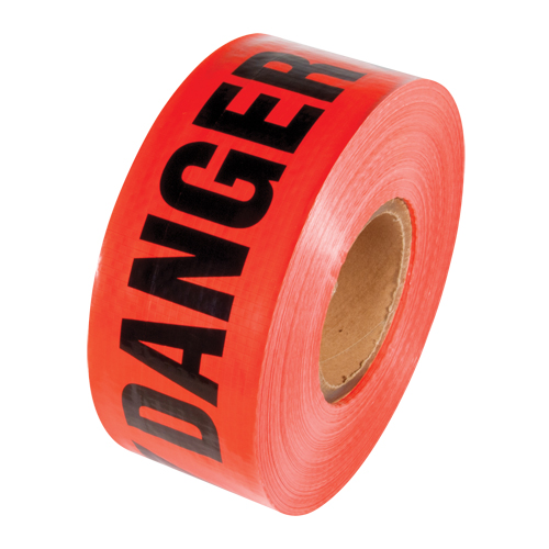 Reinforced Grade Barricade Tape, English, 3" W x 500' L, 5 mils, Black on Red Trail Hammer and Bolt