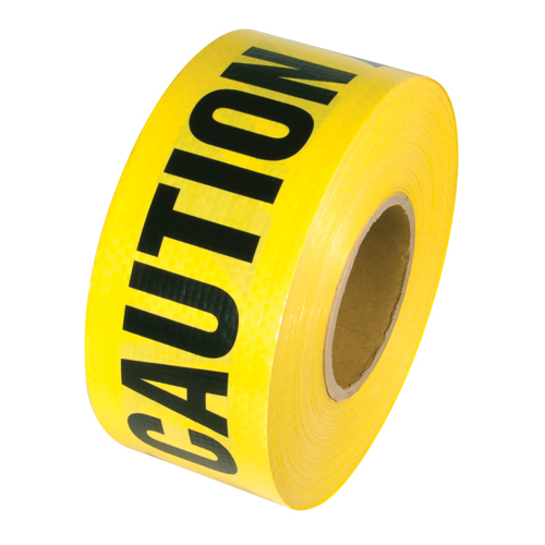 Reinforced Grade Barricade Tape, English, 3" W x 500' L, 5 mils, Black on Yellow Trail Hammer and Bolt