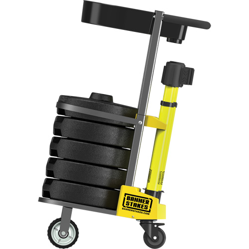 PLUS Barrier Post Cart Kit with Tray, 75' L, Metal, Yellow Trail Hammer and Bolt