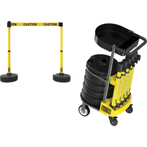 PLUS Barrier Post Cart Kit with Tray, 75' L, Metal, Yellow Trail Hammer and Bolt