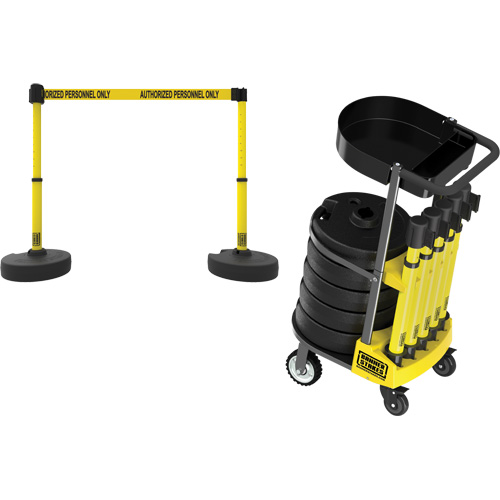 PLUS Barrier Post Cart Kit with Tray, 75' L, Metal, Yellow Trail Hammer and Bolt