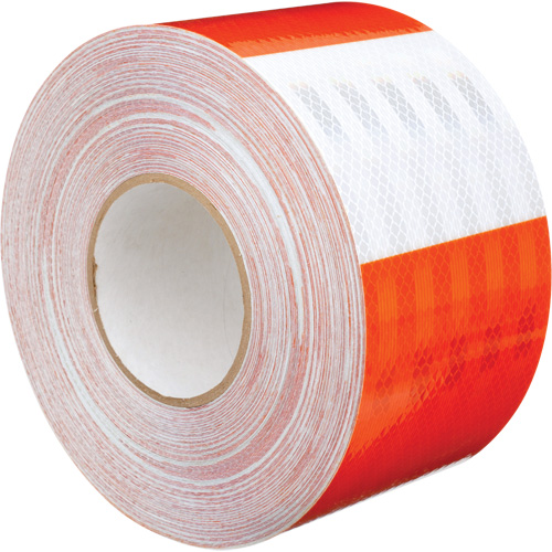 Feuille de rev&ecirc;tement de barricade prismatique de qualit&eacute; &agrave; haute intensit&eacute;, 4" la x 150' lo, 19 mils, Orange et blanc Trail Hammer and Bolt