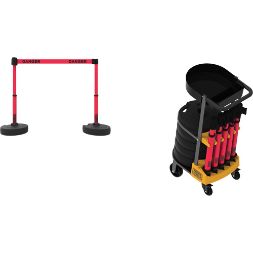Syst&egrave;me de barri&egrave;re &agrave; chariot portatif avec plateau Plus, 75' lo, M&eacute;tal/Plastique, Rouge Trail Hammer and Bolt