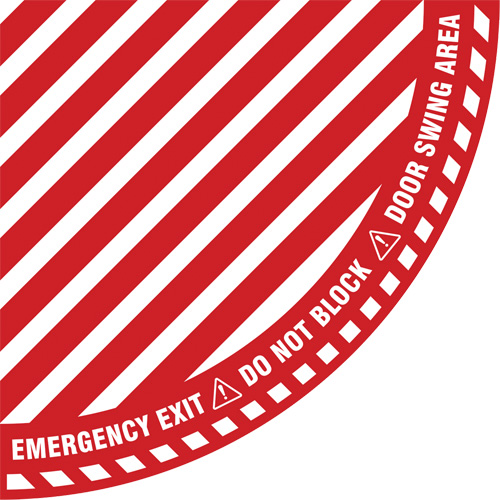 "Emergency Exit" Quarter Circle Swing Door Floor Sign, Adhesive, English with Pictogram Trail Hammer and Bolt