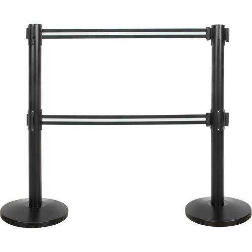 Barri&egrave;re pour le contr&ocirc;le des foules &agrave; courroie double, Acier, 35" h, Ruban Noir/Blanc, Longueur du ruban 7' Trail Hammer and Bolt