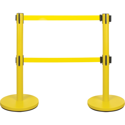 Barri&egrave;re pour le contr&ocirc;le des foules &agrave; courroie double, Acier, 35" h, Ruban Jaune, Longueur du ruban 7' Trail Hammer and Bolt