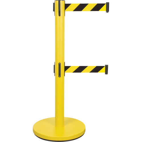 Barri&egrave;re pour le contr&ocirc;le des foules &agrave; courroie double, Acier, 35" h, Ruban Noir/Jaune, Longueur du ruban 7' Trail Hammer and Bolt