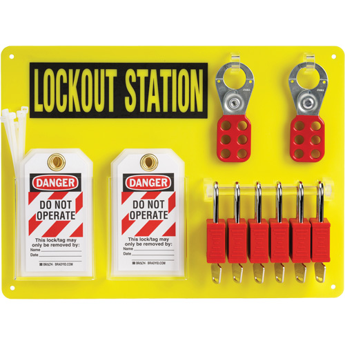 Tableau de cadenassage et &eacute;tiquetage avec cadenas de s&eacute;curit&eacute; en nylon utilisant des cl&eacute;s diff&eacute;rentes, Cadenas Plastique, Capacit&eacute; de 6, Cadenas Compris Trail Hammer and Bolt