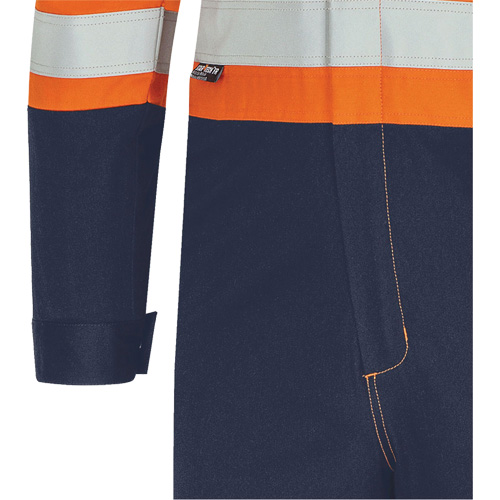 7702BB FR-Tech&reg; 2-Tone Safety Coverall, Size 36, Navy Blue/Orange, 10 cal/cm² Trail Hammer and Bolt