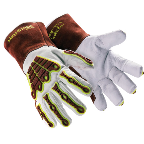 HeatArmor&reg; 5055 Welding Gloves, Grain Goatskin, Size Small/7 Trail Hammer and Bolt