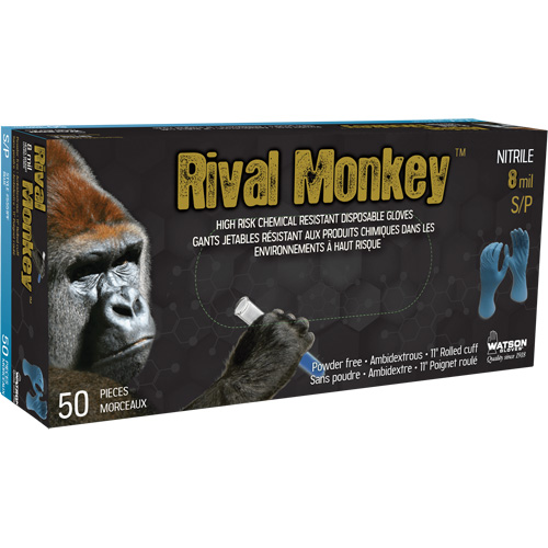 Rival Monkey High Risk Chemical Resistant Disposable Gloves, Medium, Nitrile, 8-mil, Powder-Free, Blue Trail Hammer and Bolt