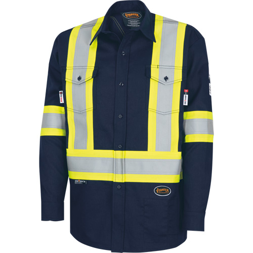 7742SF FR-TECH&reg; High-Visibility 88/12 Arc-Rated Safety Shirt, Small, Navy Blue Trail Hammer and Bolt